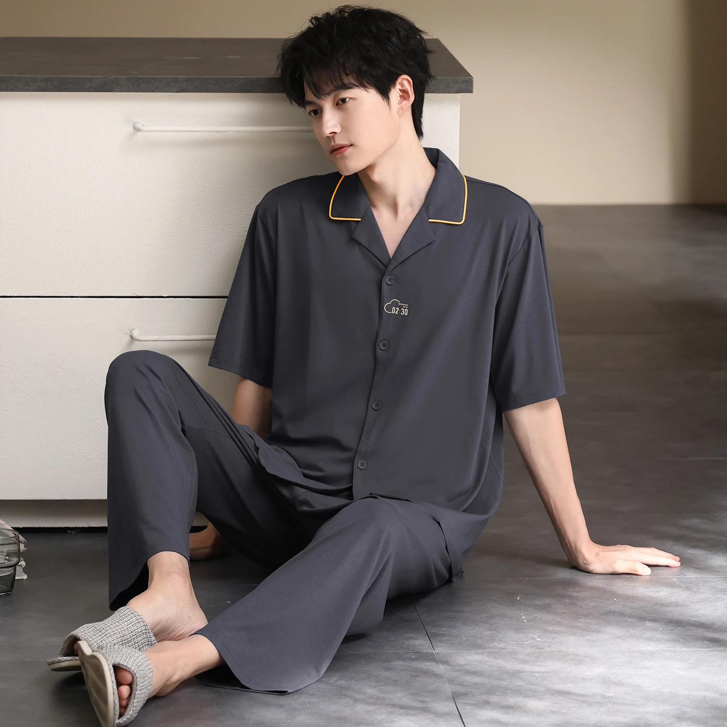 L-7XL Cool Feel Modal Cotton Pajama Set for Men Summer Two Piece Sleepwear Short Sleeve Long Pants Loungewear Cardigan Nightwear