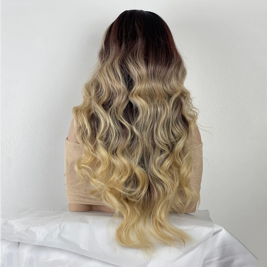 Loira marrom balayage ombre peruca, fibra sintética, 28 "peruca ondulada longa, cabelo humano, mistura peruca dianteira do laço, despedida livre, resistente ao calor