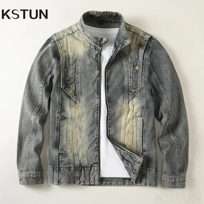 

KSTUN Мужская мотоциклетная куртка в стиле ретро, уличная одежда в стиле хип-хоп, джинсовое пальто, повседневная свободная посадка, винтажная байкерская верхняя одежда, модная мужская одежда
