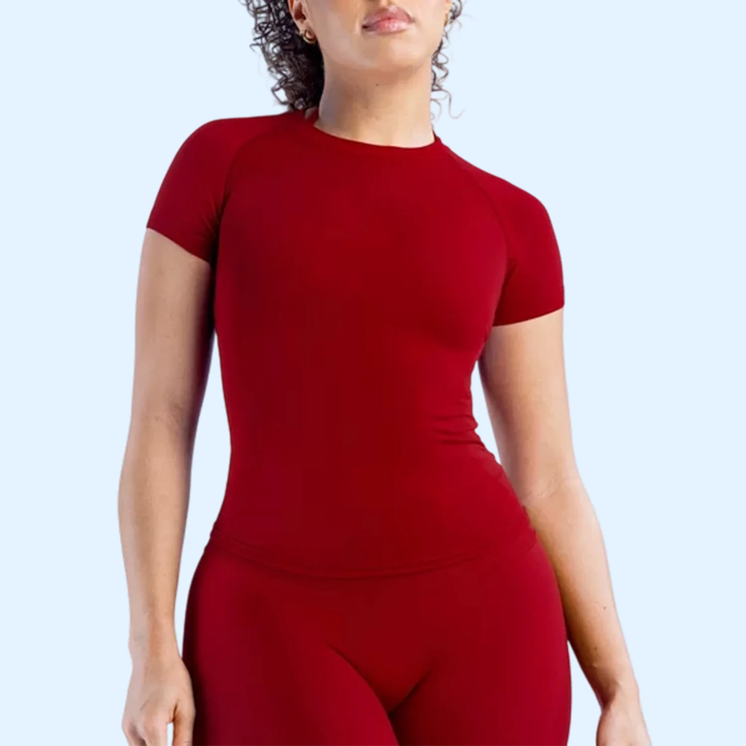 Haut de sport sans couture à col rond pour femme, très extensible, à manches courtes, absorbant la transpiration, amincissant, pour le yoga