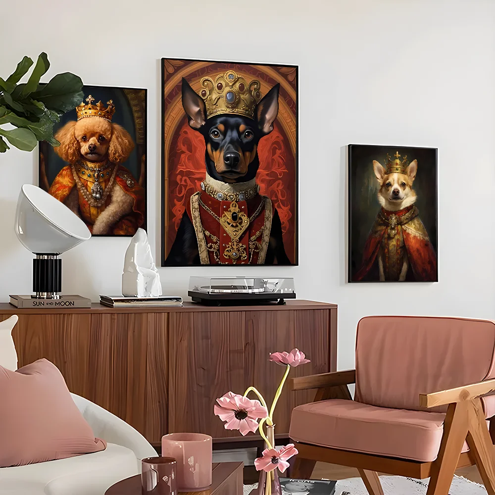 Dog King Royal Animal Poster Self-adhesive Art Waterproof Paper Sticker Coffee House Bar Room Wall Decor