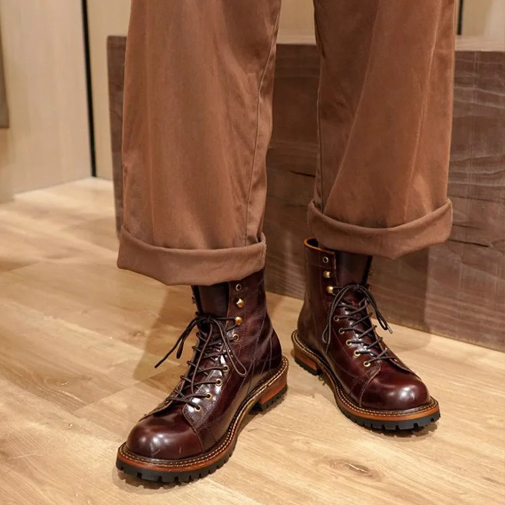 Men's Cow Genuine Leather Motorcycle Boots Brogue Shoes Retro High-top Round Toe Mid-calf Chelsea Boots Western Cowboy Boots
