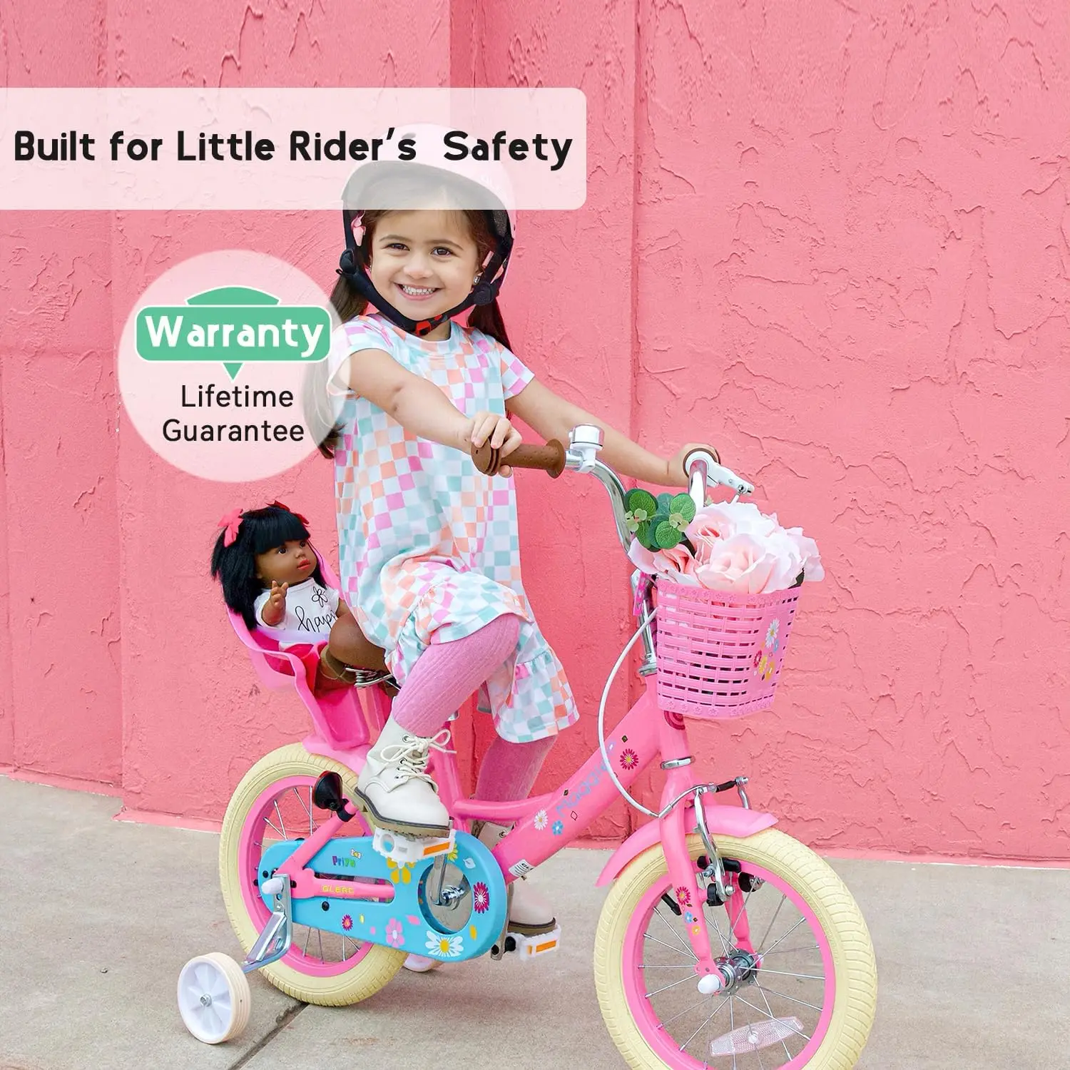 Bicicleta de estilo princesa para niñas, bici de 14 pulgadas para niños de 2 a 13 años, con asiento, cesta y tren