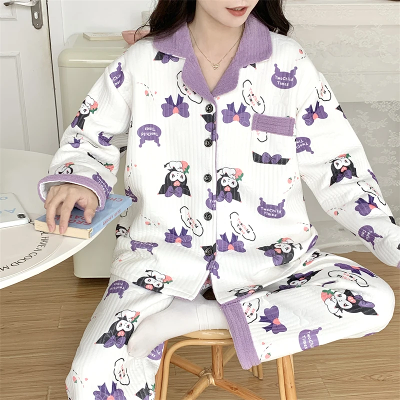 Sanrio winter pajamas women's coral fleece thickened thermal lapel two-piece set cartoon Kulomi women's pajamas loungewear