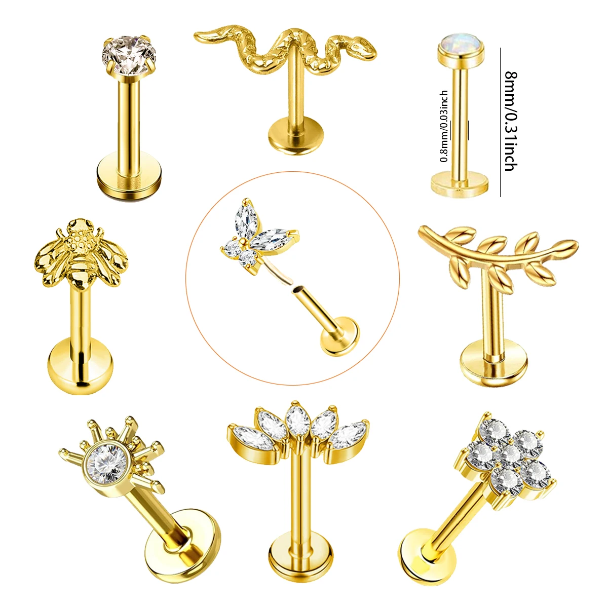 10Pcs 316 Surgical Steel Tragus Piercing Lip Stud Earring,18K Gold Internally Threaded Cartilage Jewelry image 5