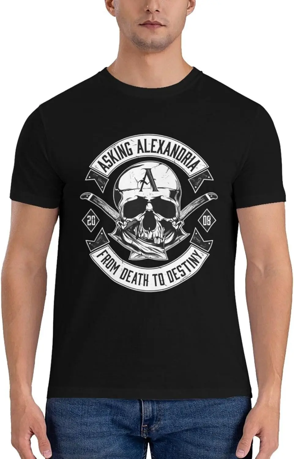 Asking Band Alexandria Shirt Men's Double-Sided Pattern Printed T-Shirt, Crew Neck Short Sleeved Top Black