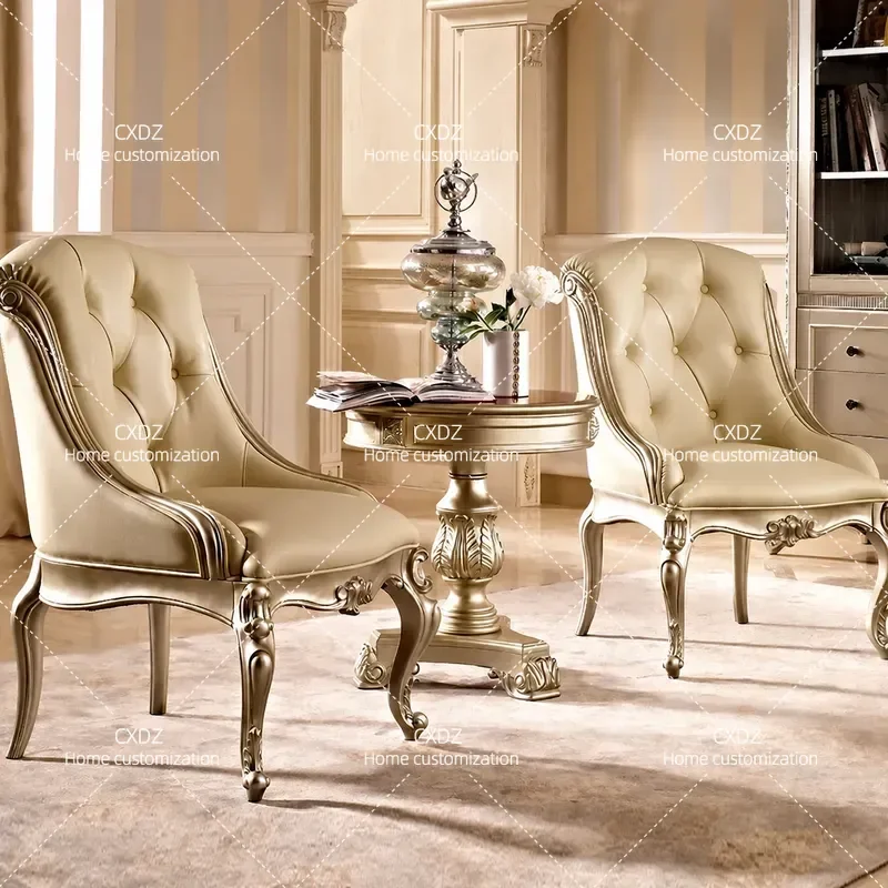 French Style First Layer Cowhide Sofa Chair European Solid Wood Carved Floral Leisure Armchair American Full Leather Single