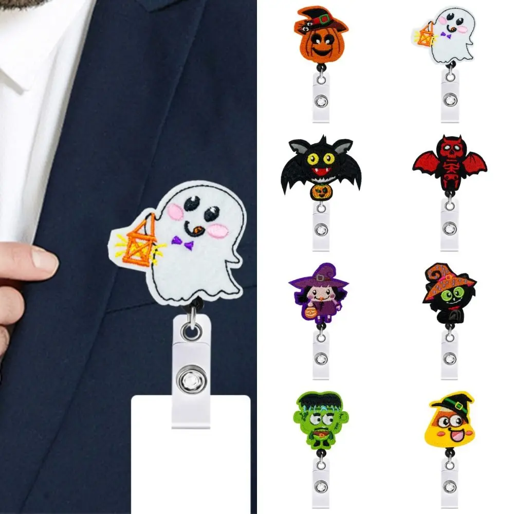Cartoon Halloween Retractable Badge Reel Pumpkin Ghost Name Card Holder Bat Cat Keys Lanyard Party