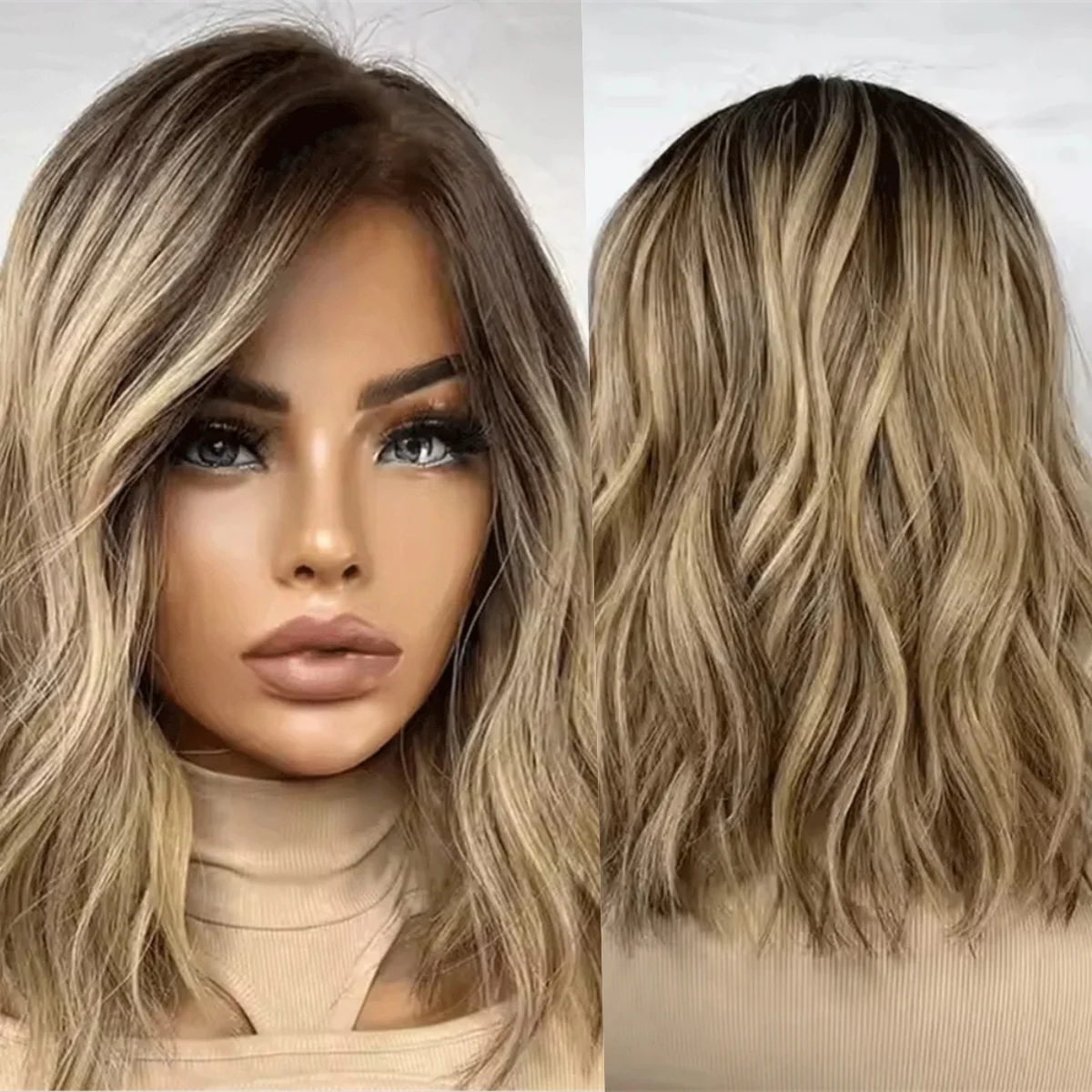

12 Inch Wave Bob Ombre Ash Blonde HD Transparent Lace Front Wigs Natural Preplucked Hairline 100% Remy Human Hair Daily Cosplay