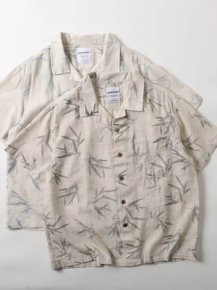 

Loose Casual Cotton ort Sve irt Men's Cuban Collar Bamboo Le Print Retro Japanese Sle Summer Faion M Tops