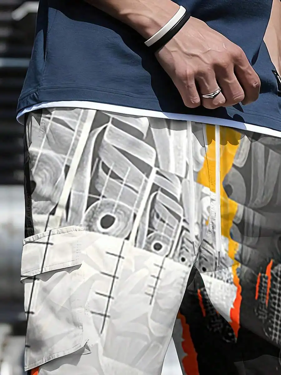 

Mens Gray Orange White Geometric Patchwork Workwear Shorts With Pocket And Drawstring