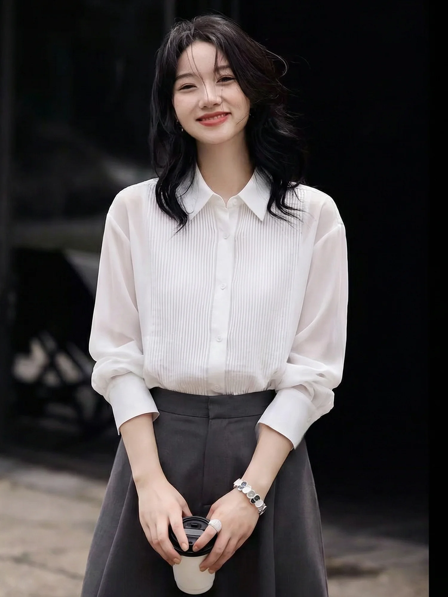 

Белая шифоновая блузка Chivirin с плиссировкой и длинными рукавами для женщин, весенняя, для офиса, стройнящая, дышащая, из полиэфирного волокна