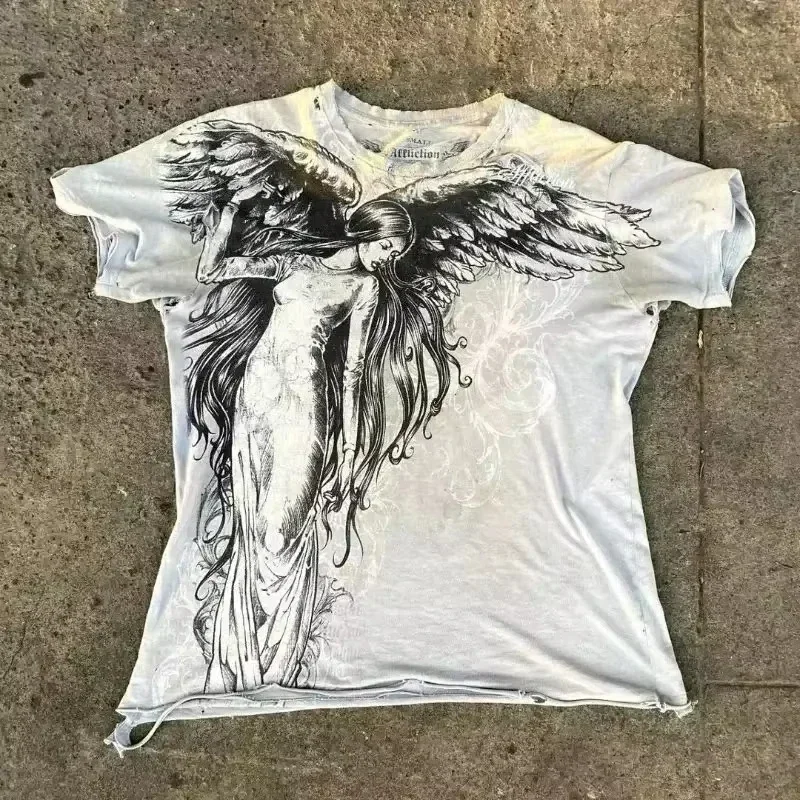 Summer Classic Y2K Gothic Style T-shirt Print Oversized T Shirt High Street Shirts Round Neck Cotton Tops Mens Women T Shirt Tee