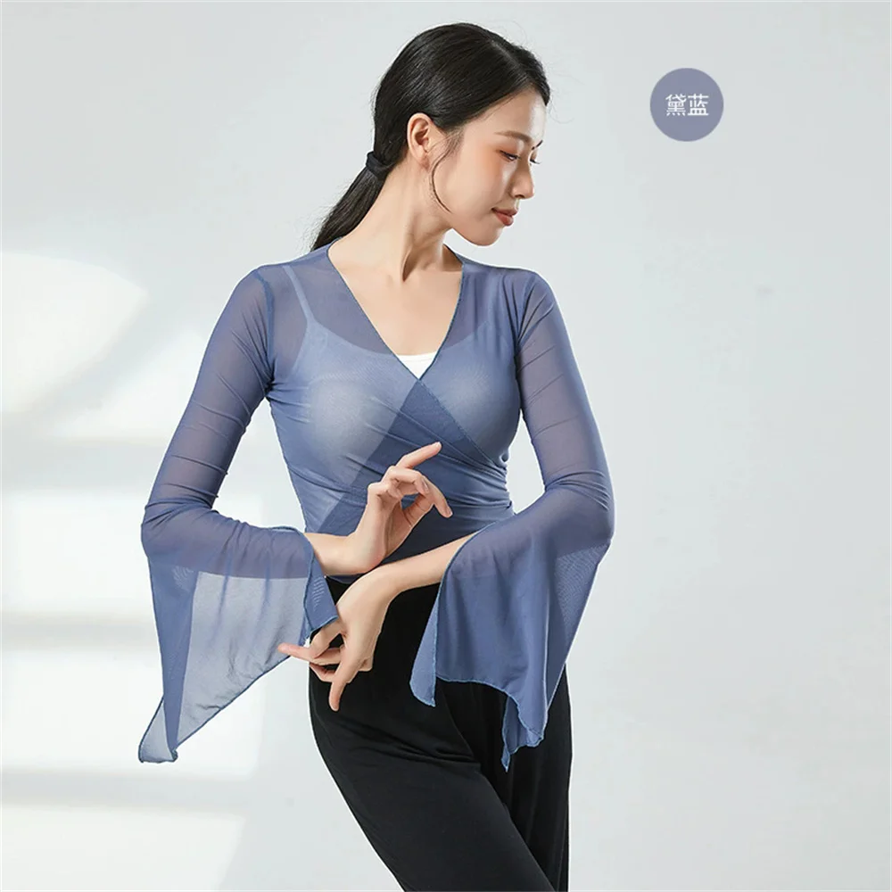 Mode Vrouwen Dans Top Lange Uitlopende Mouw Gaas Mesh Dunne Blouse Prestaties Lijn Kleding Vintage Koreaanse Kleding Vrouwen