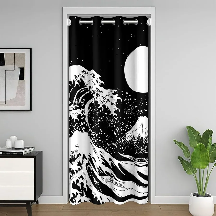 

Moon Door Curtain for Doorway Privacy with Ocean Waves and Mountain Fuji Japanese Style Marine Coastal Nautical Theme Blackout