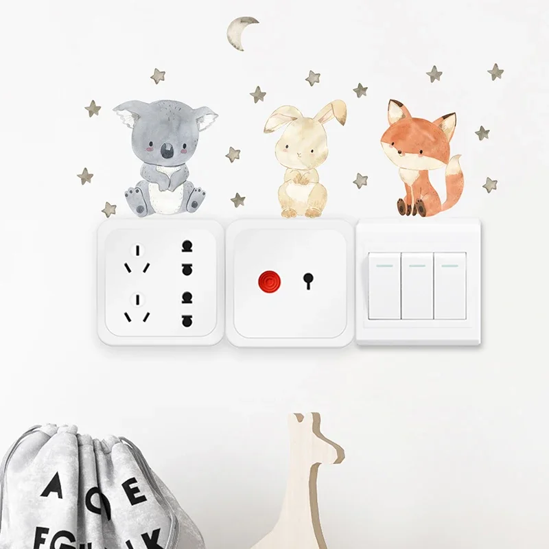 6pcs boho colorful cute animal smile switch stickers, nursery & kids room wall decor 6