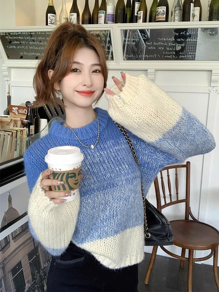 

Women O Neck Vintage Knitted Sweater Casual Lazy Wind Loose Gradient Color Jumpers Japan Sweet Long Sleeve Female Tops New