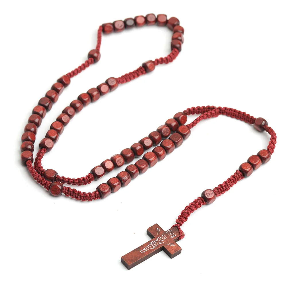 Handgefertigte, quadratische Rosenkranzkette aus Holz für Damen und Herren, katholisches Kruzifix-Kreuz-Anhänger, 8-mm-Kugelkette, Gebets- und Modeschmuck für Partys. – Detail 4