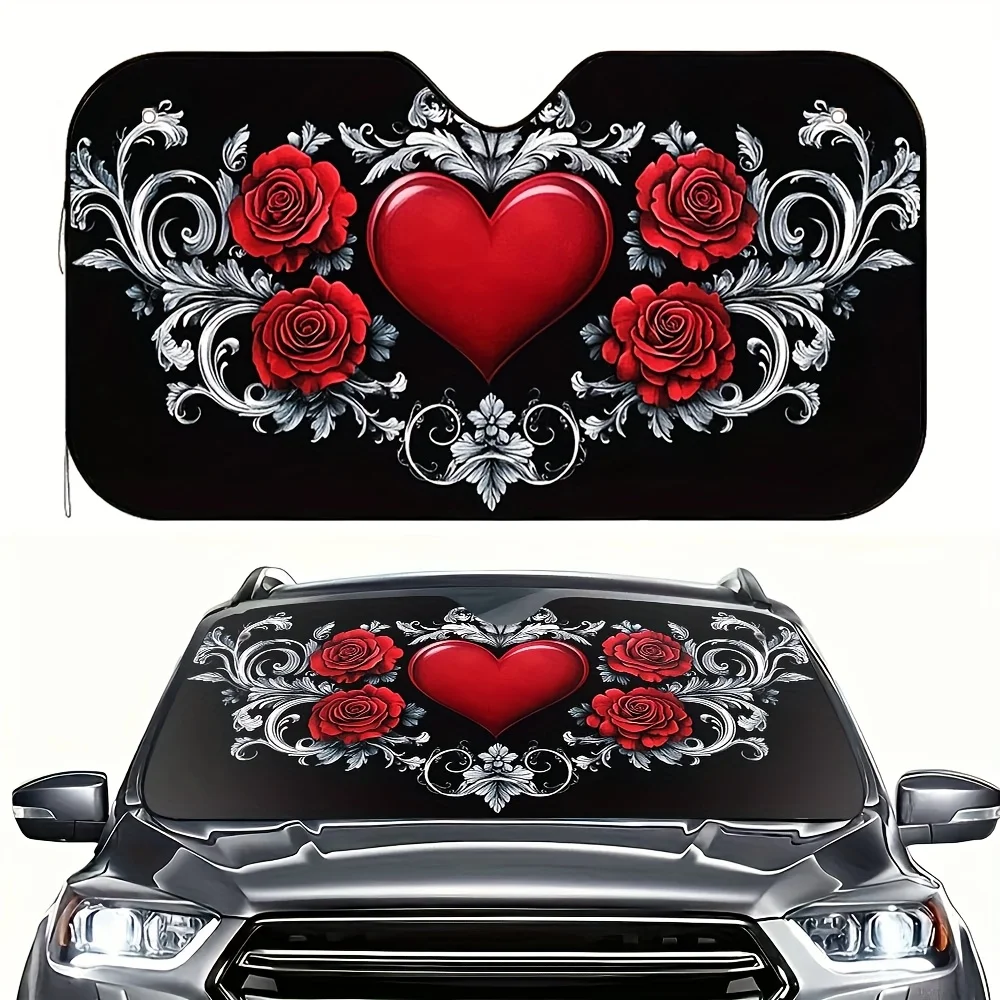 1pc Heart-Shaped Rose Car Sunshade For Valentine'S Day – Stylish Design, Maintains A Cool And Comfortable Environment In Your Ve