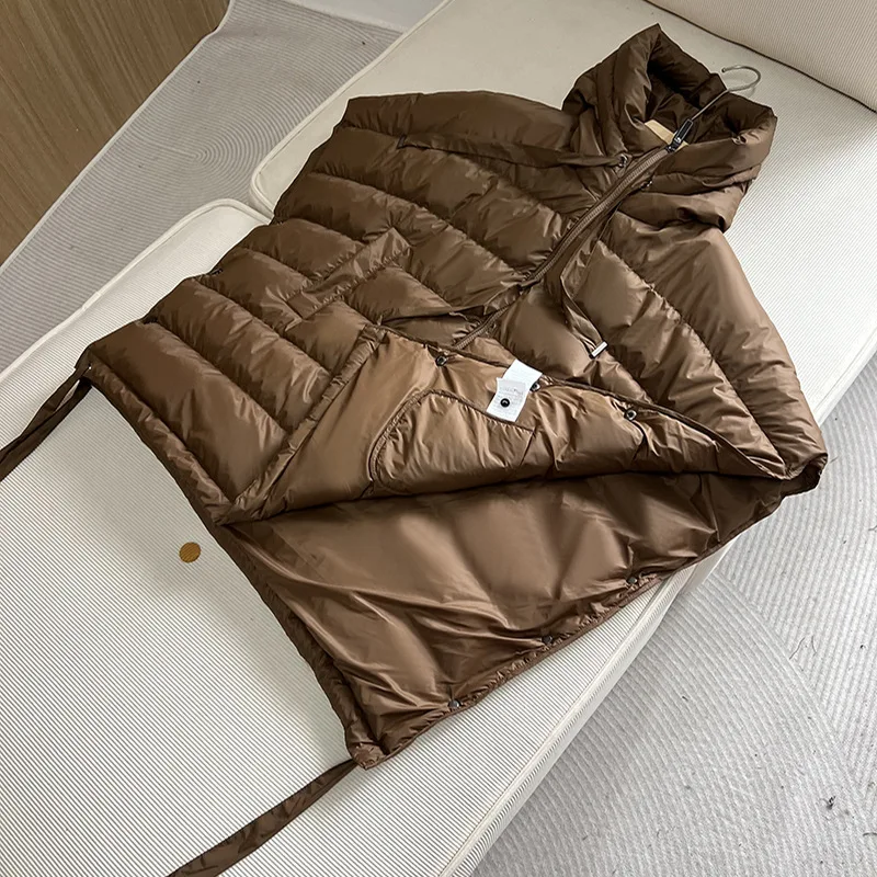 

Женский утепленный жилет на двойной молнии, осенне-зимний, с капюшоном, свободный, на белом утином пуху, 2026