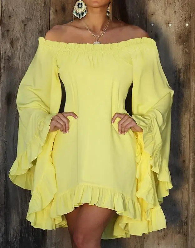 

A Line Dresses for Women 2024 Summer New Fashion Elegant Sexy Solid Color Bell Sleeve Ruffles Frill Hem Casual High Waist Dress