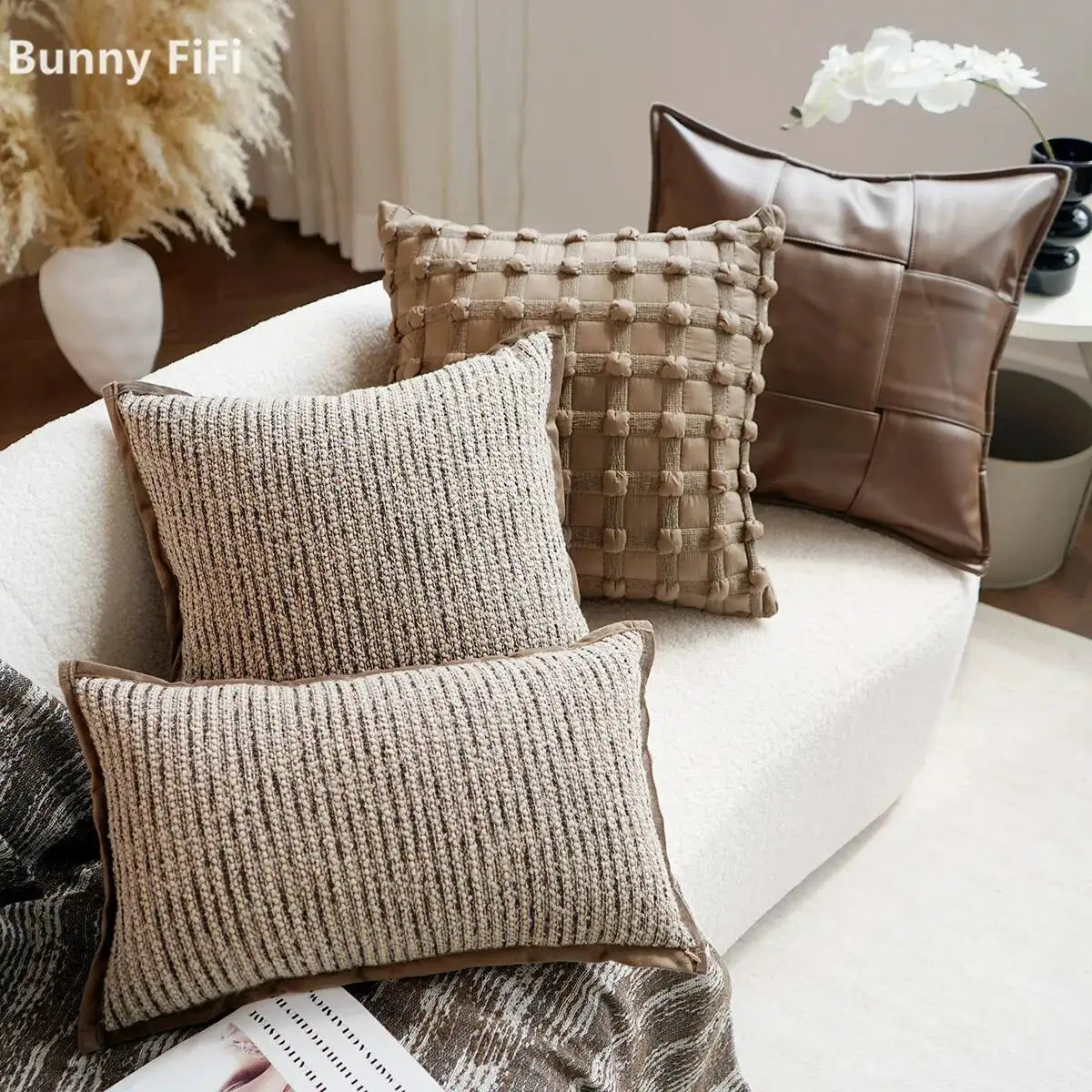 Luxury Striped Plaid Leopard Pattern Cushion Cover Leather Chenille Velvet Plush Decorative Throw Pillow Case For Sofa Bed Decor