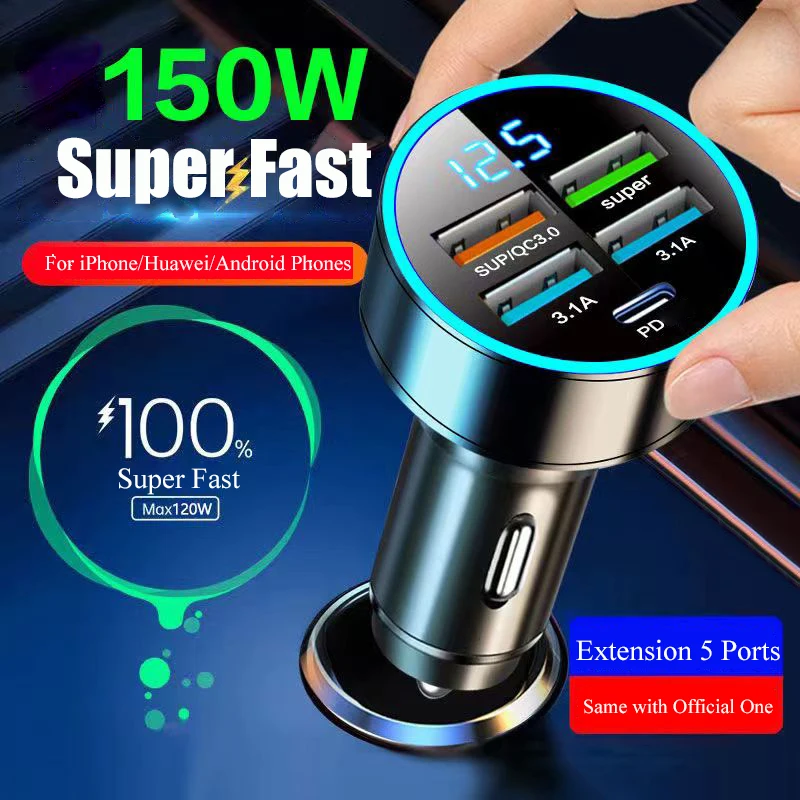 

150W 5 Ports USB Car Charger Fast Charging Adapter USB C Car Phone Charger For iPhone 13 12 Pro Xiaomi Samsung Huawei PD Charger