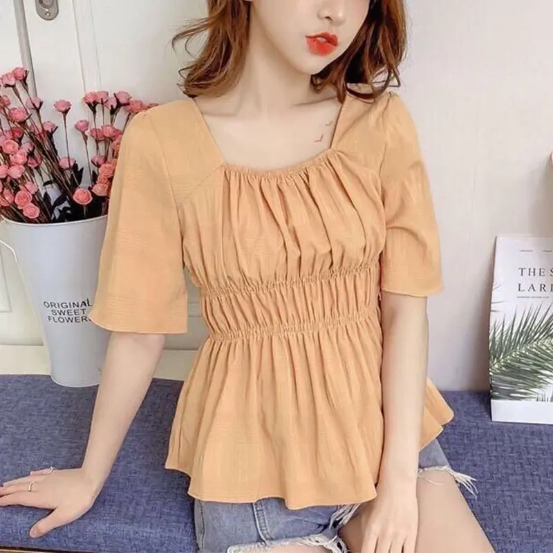 Square Collar Tshirt for Women Loose Tops Monochromatic Simple and Elegant Casual Clothes All-Match Korean Fashion Summer