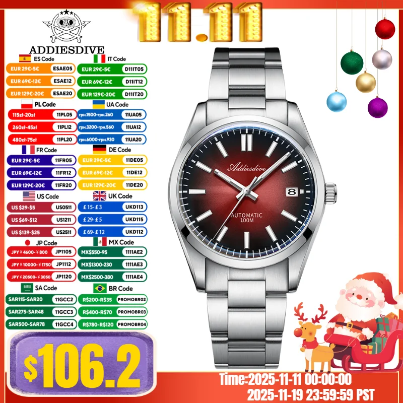 ADDIESDIVE NEUE Herren-Deluxe-Uhr BGW9, leuchtendes Sunburst-Zifferblatt, 10 Bar wasserdicht, synthetischer Saphir, automatische mechanische Uhr