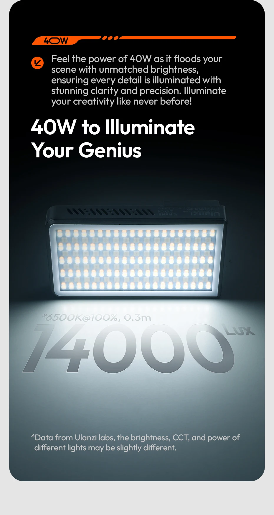 Ulanzi P40 Bi/P40 RGB 40W Videoleuchte 14000Lux 37Wh mit LED-Anzeige für Porträt Stillleben Fotografie Schießen Lichtmalerei – Detail 4