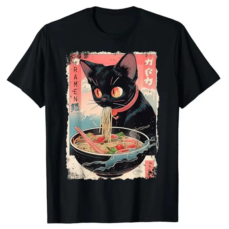 

Cat Ramen Noodle Japanese Anime Manga Ramen Kawaii Cat T-Shirt Ramen Noodles Kitten Graphic Tee Top Kitty Short Sleeve Bouses