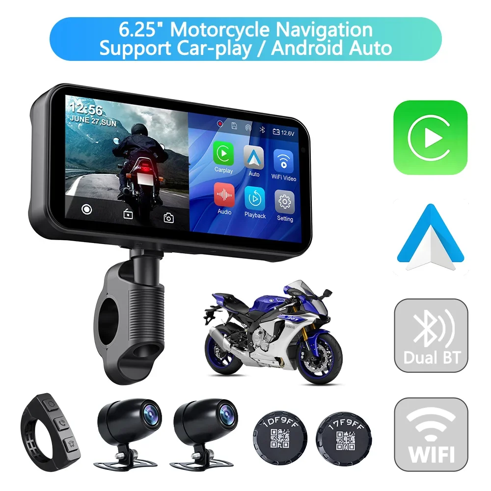 

6.25 inch Motorcycle Portable Digital Dashboard, Wireless CarPlay, Moto Android Auto, Navigation Touchscreen, Motorcycle DVR