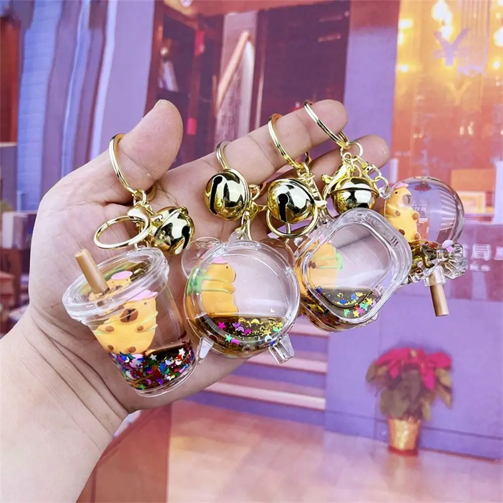 여러 가지 빛깔의 카피바라 퀵샌드 병 키체인, 만화 카피바라 인형, 금색 종 달린 개 장식, 작은 열쇠 고리, 드롭 펜던트 선물