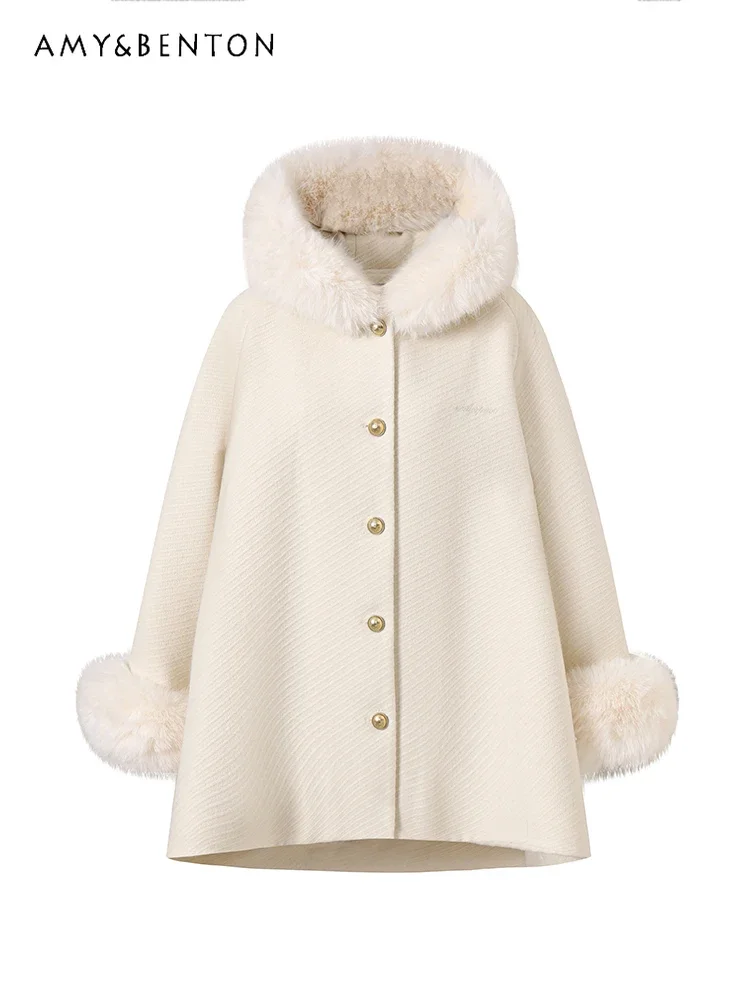 Sweet Girl Soft Fur Collar Hooded Cape Wool Coat Women Winter Thicken Warm Single-Breasted Milky White Jackets Princess Coats