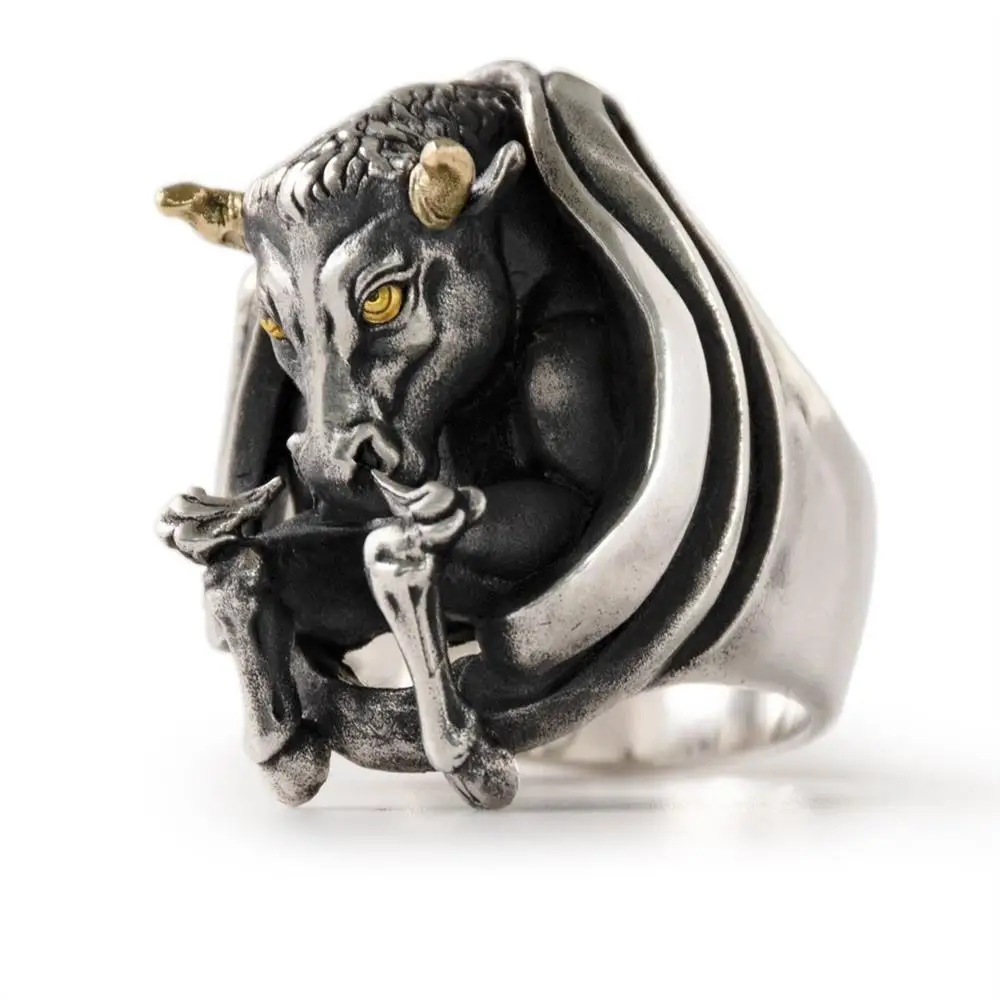 Vintage Fashion Personality Bull Head Ring Men\'s Domineering and Exaggerated Animal Ring Hip Hop Punk Open Ring Banquet Jewelry