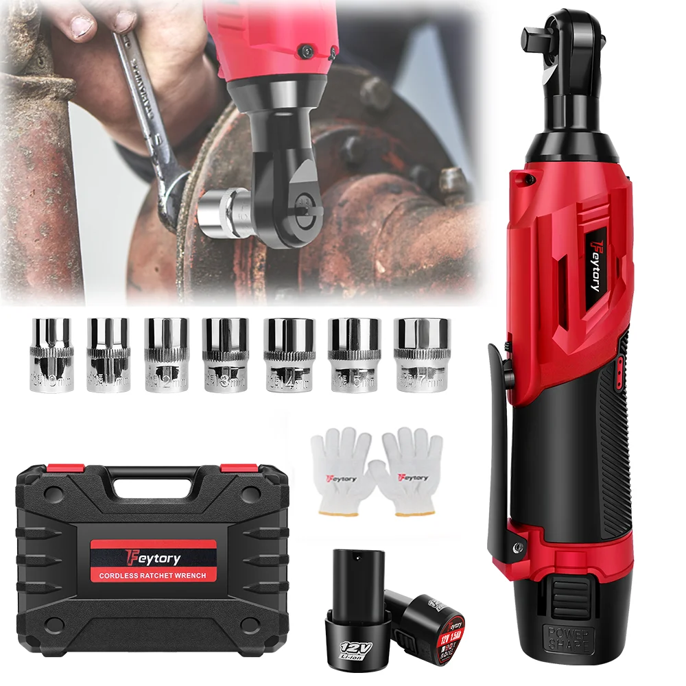 12V Cordless Ratchet Wrench 3/8'' Drive 90 Degree Right Angle Electric Ratchet Wrench, 2pcs 1.5Ah Li-Ion Batteries, 7 Sockets