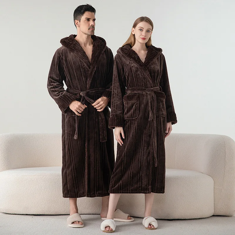 Loose Striped Flannel Nightwear Women Warm Hooded Kimono Nightgown Men Winter Autumn Shower Robes Long Sleepwear Loungewear