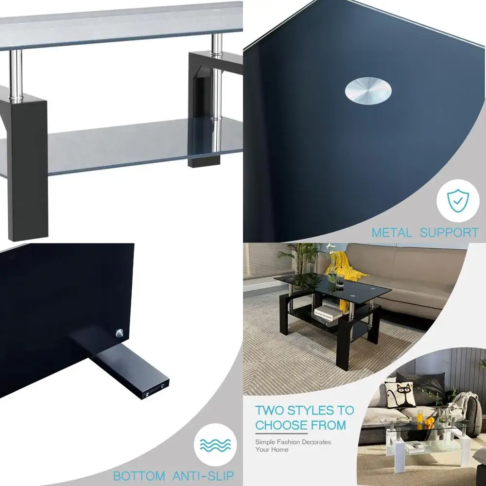 

Modern Rectangular Coffee Table with Glass Top and Wooden Legs, Suitable for Waiting Areas, Black, 39.5 x 23.5 x 17.5