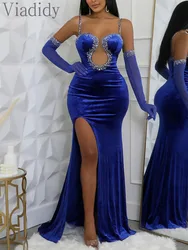 Women Sexy Solid Color Velvet Spaghetti Strap Rhinestone Design Big Swing Floor-length Party Dress