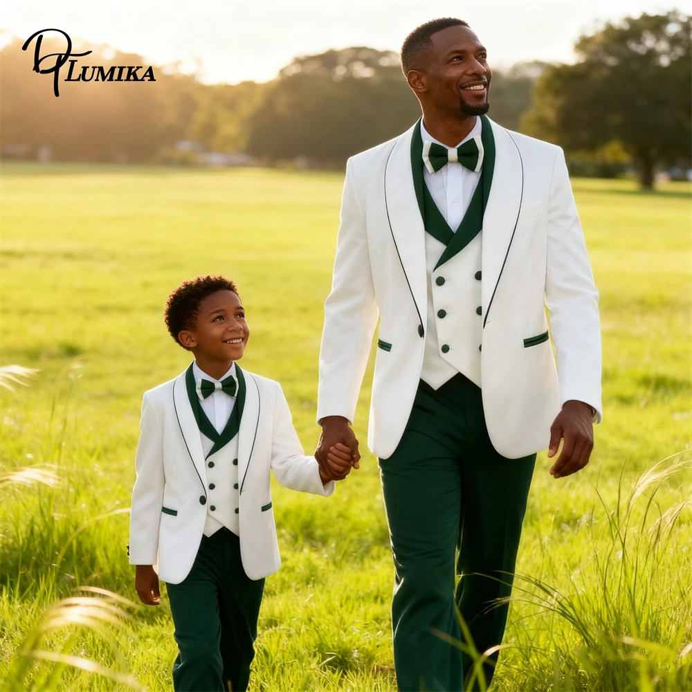 

Модный комплект из 4 предметов для отца и сына, смокинг для свадебного гостя для мужчин и детей, официальные костюмы для мальчиков, куртка, жилет, брюки с бантом