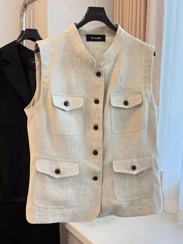 

Large Size 300 Pou Autumn Layered Wear Workwear Sle Vest Multiple kets Stand Collar Svel Layering Motorcycle Ja...