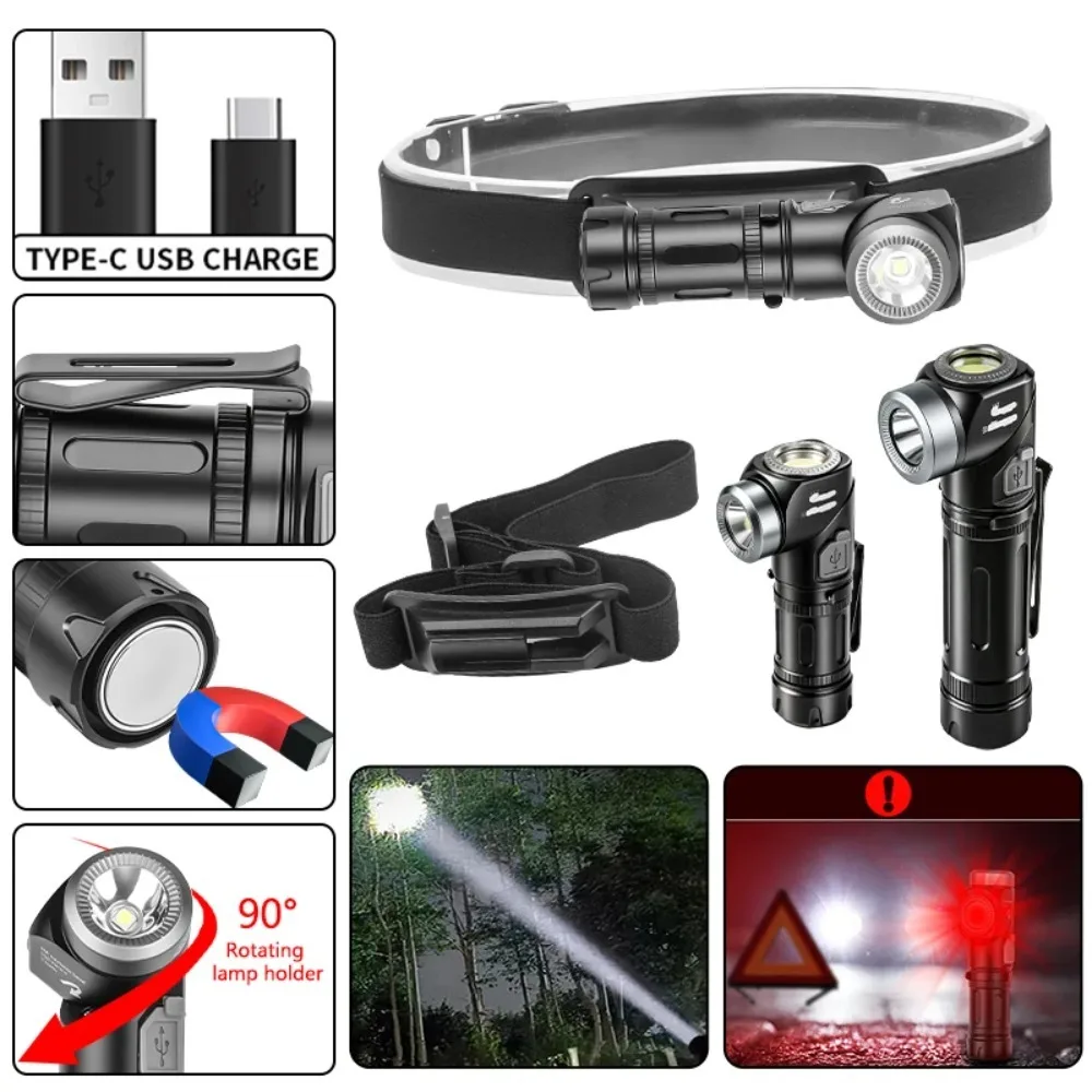 Portable LED Flashlight COB Work Light Rechargeable Headlight 90° Rotate Head Magnetic Torch for Outdoor Camping Hiking