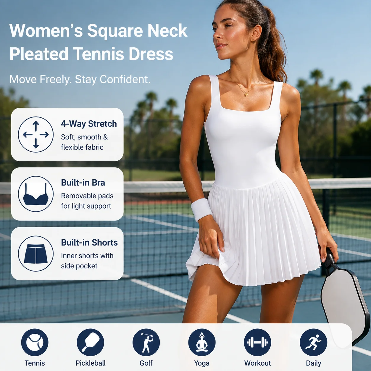 Women's Square Neck Pleated Tennis Dress - Wide Strap Activewear with Built-in Shorts, Multiple Colors, S-XL
