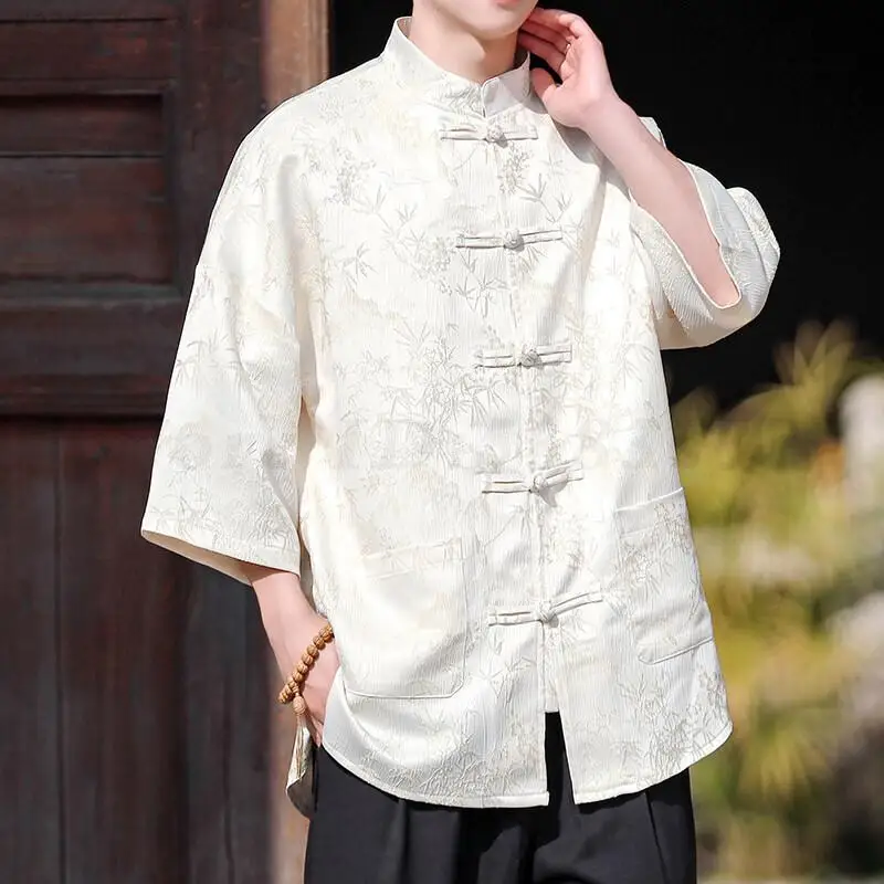 

Plus Size New Chinese Style Tang Suit Top Shirt Retro Jacquard Print Blouse Button Up Hanfu Summer Loose Casual Coat Streetwear