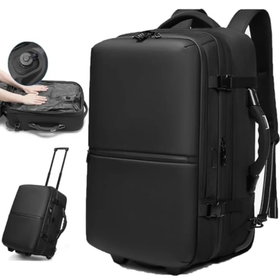 21" Vacuum Compression Backpack with Wheels Expandable Waterproof Carry On Travel Laptop Bag Flight Approved Luggage Rolling Su