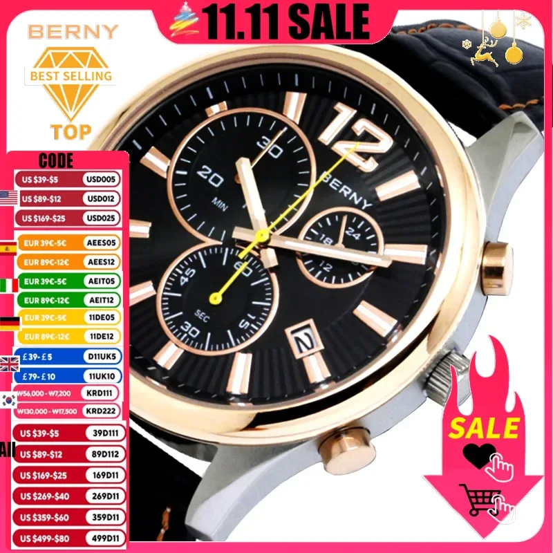 

BERNY Men Quartz Sport Watches STOP WATCH Chronograph Luminous leather Strap Calendar Multi-function Sport Wristwatch Waterproof