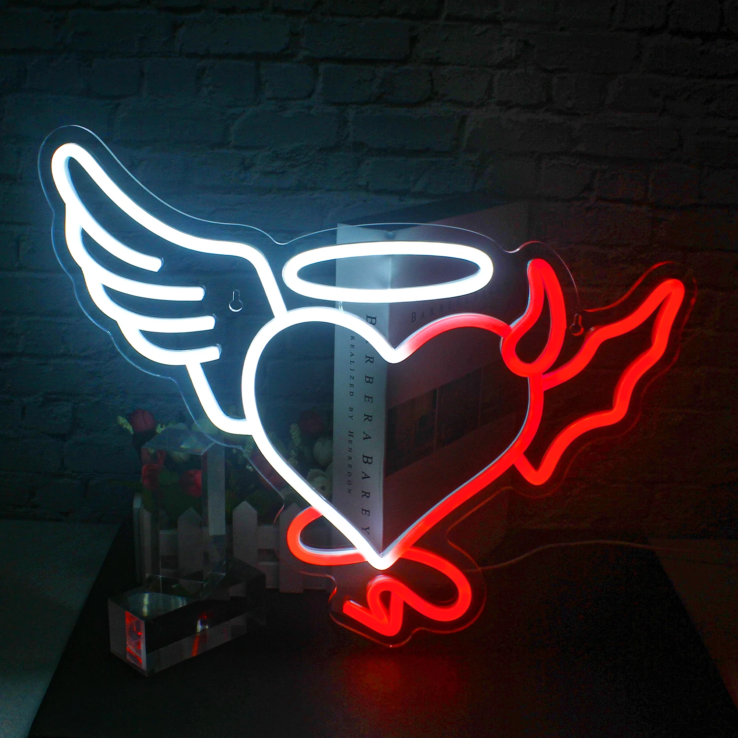 

Heart Neon Led Sign Half Angel Devil Logo Neon Lights Red White Light Up Signs For Bedroom Home Bars Wedding Birthday Wall Lamp