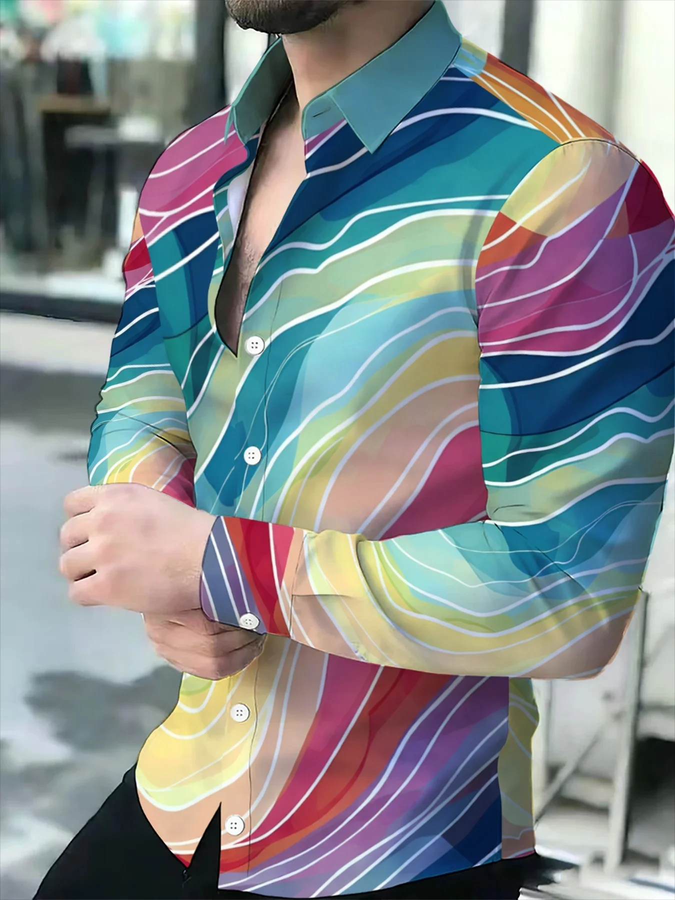 Men's Long Sleeve Shirt Autumn Colorful Wave Geometric Print Lapel Button‑Up Casual Party Streetwear Men Clothing