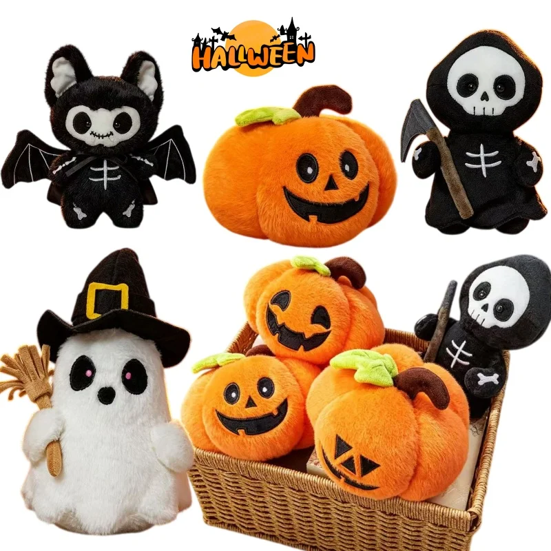 Cute Halloween Pumpkin Ghost Bat Skeleton Plush Doll Soft Adorable Stuffed Toy Halloween Decoration Dolls Holiday Gift for Baby
