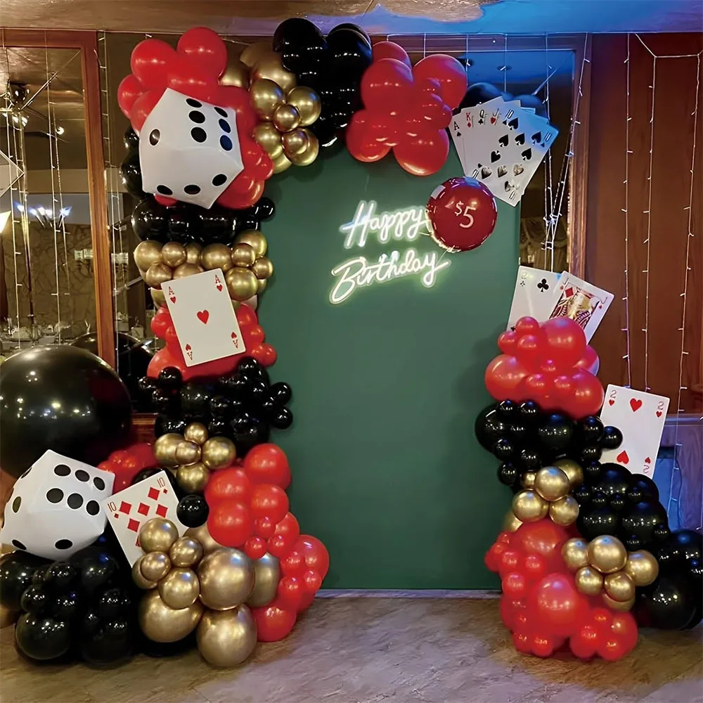 

135PCS Casino Theme Party Decor Red and Black Gold Balloon Garland Arch Kit with Dice Foil Balloons for Birthday Party Decor